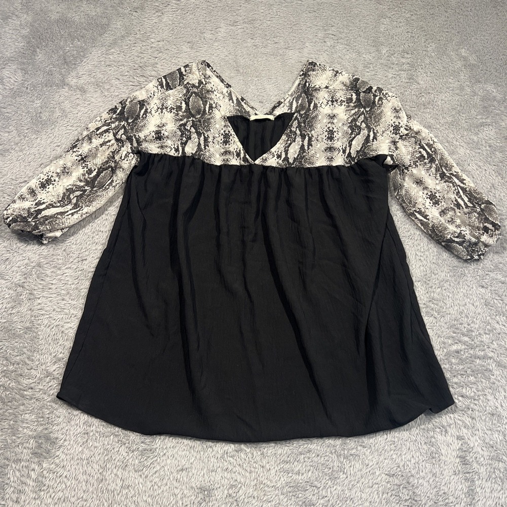 ODDI Blouse Snakeskin Print Swiss Dot Balloon Sleeve Black Women S/M